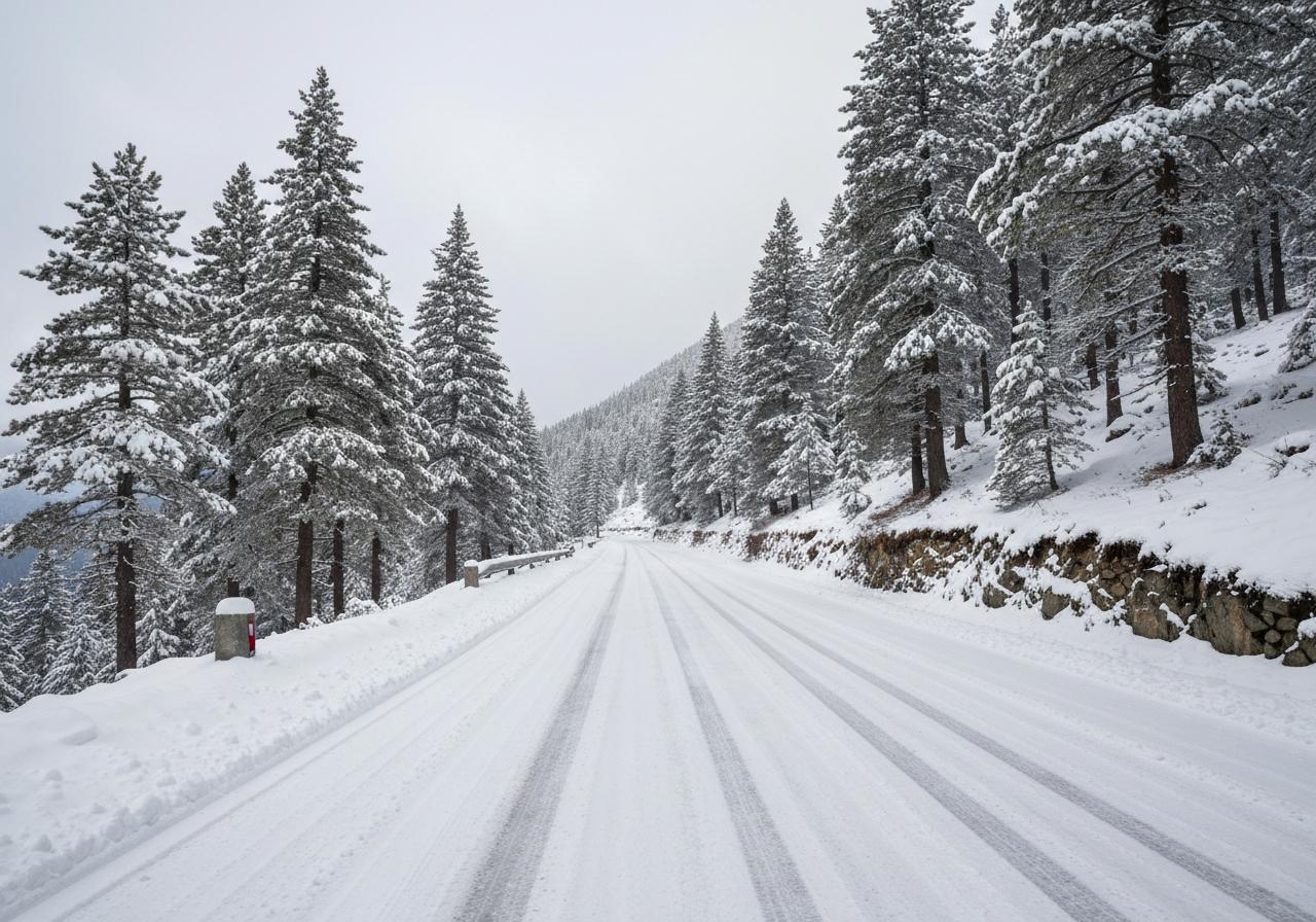 Col de Vizzavona sous la neige, route RT20 enneigée