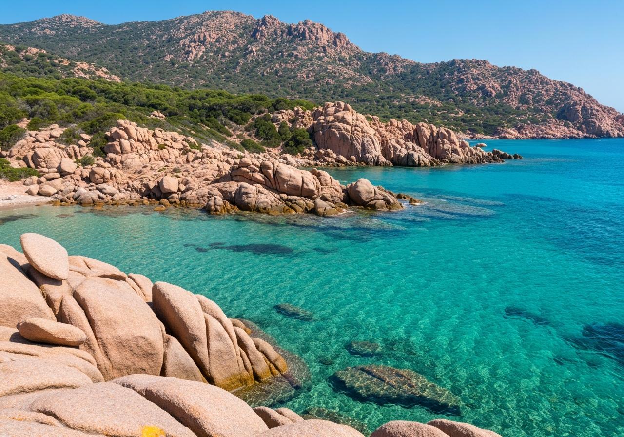 Côte granitique de Sardaigne, eaux turquoise, maquis méditerranéen