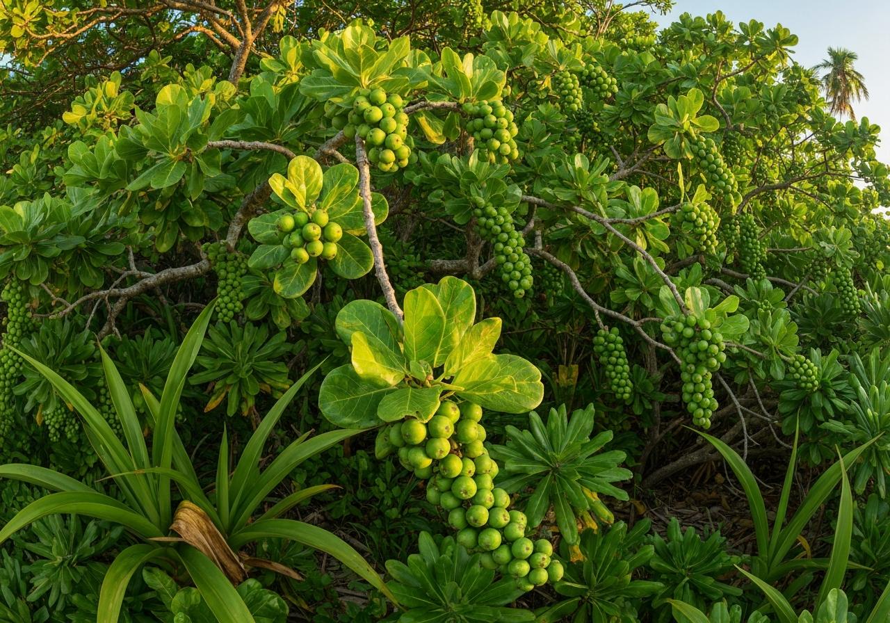 Mancenillier sur plage tropicale martiniquaise, fruits verts