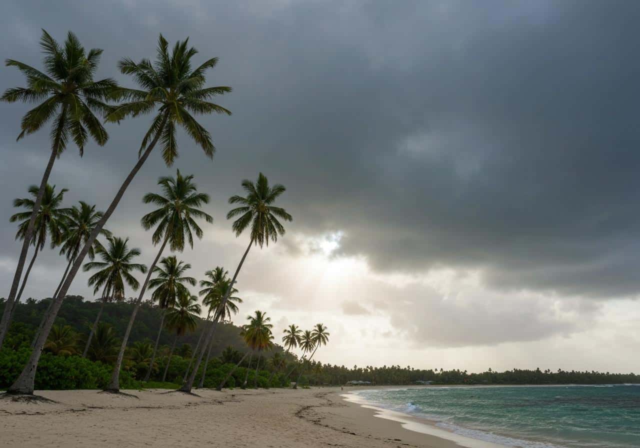 Plage tropicale fidjienne sous ciel menaçant saison cyclonique