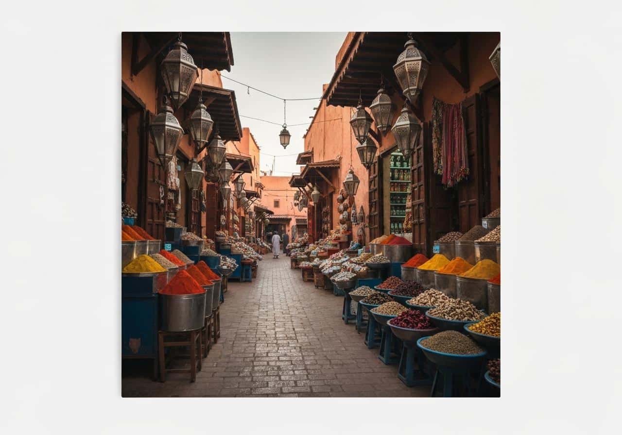 Ruelle animée de la médina de Marrakech, souks colorés