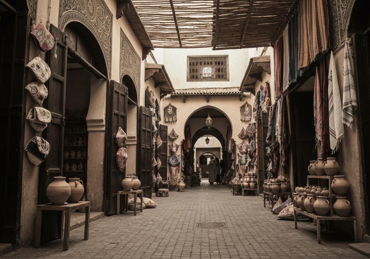 Ruelle de souk marocain avec étals d'artisanat colorés
