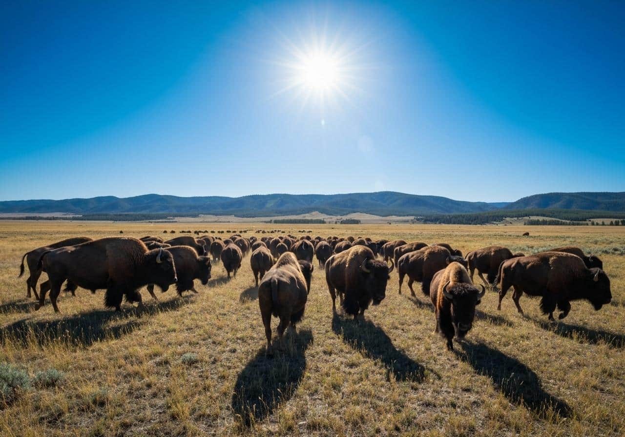 Troupeau de bisons traversant route Yellowstone vallée
