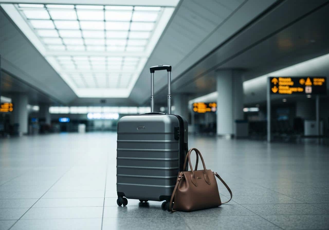 Bagage cabine et sac à main posés au sol dans un aéroport