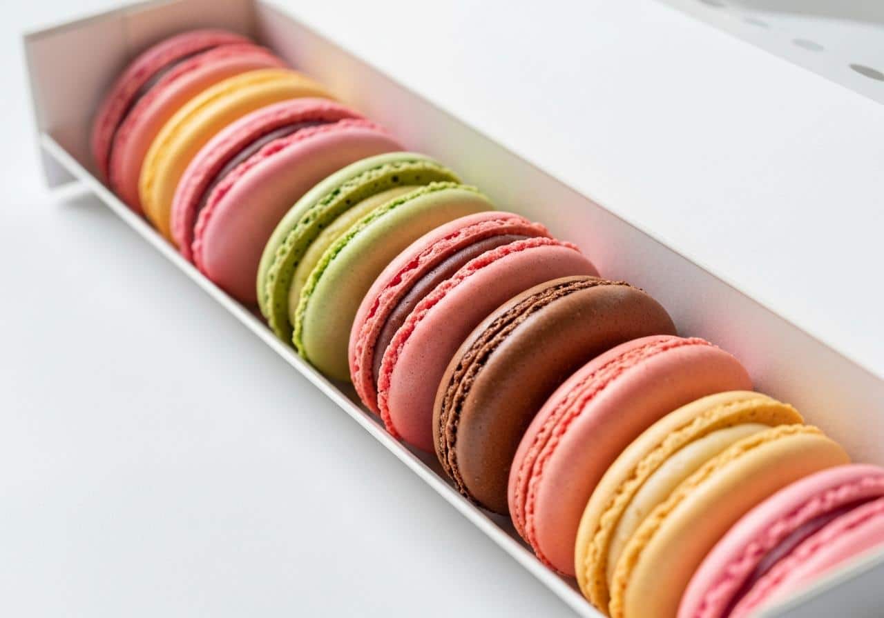 Boîte de macarons parisiens colorés sur fond blanc