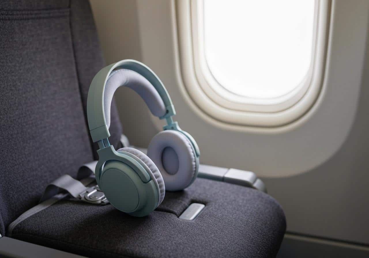 Casque anti-bruit bébé posé sur siège d'avion
