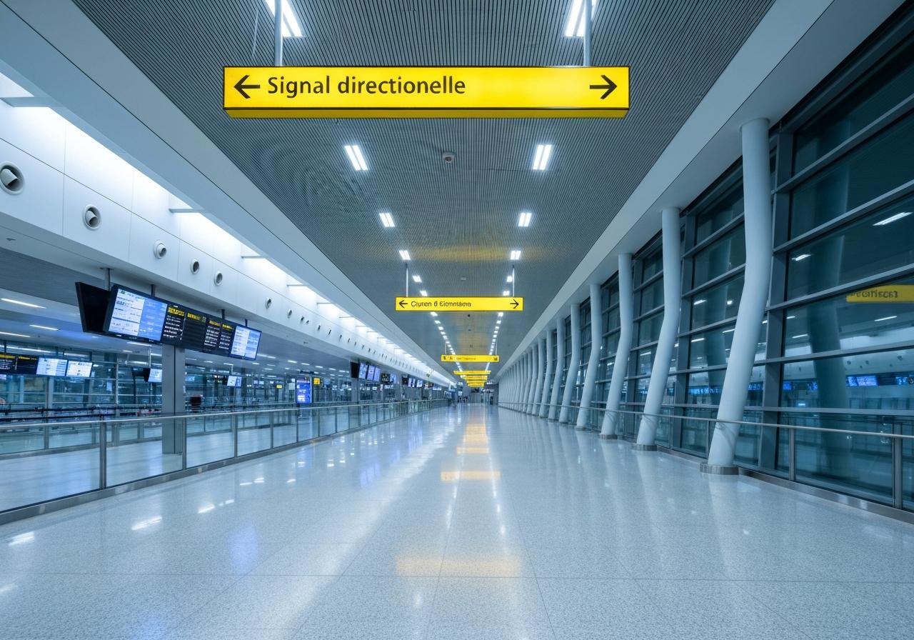 Couloir de correspondance aéroport Paris-Charles de Gaulle signalétique jaune