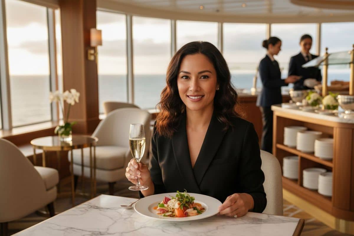 Femme qui dîne sur un bateau de croisière