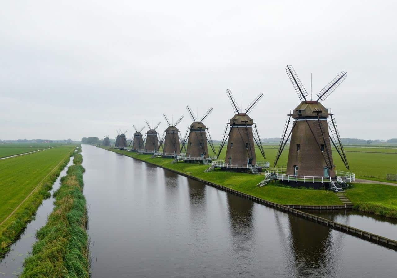 Moulins de Kinderdijk alignés le long d'un canal