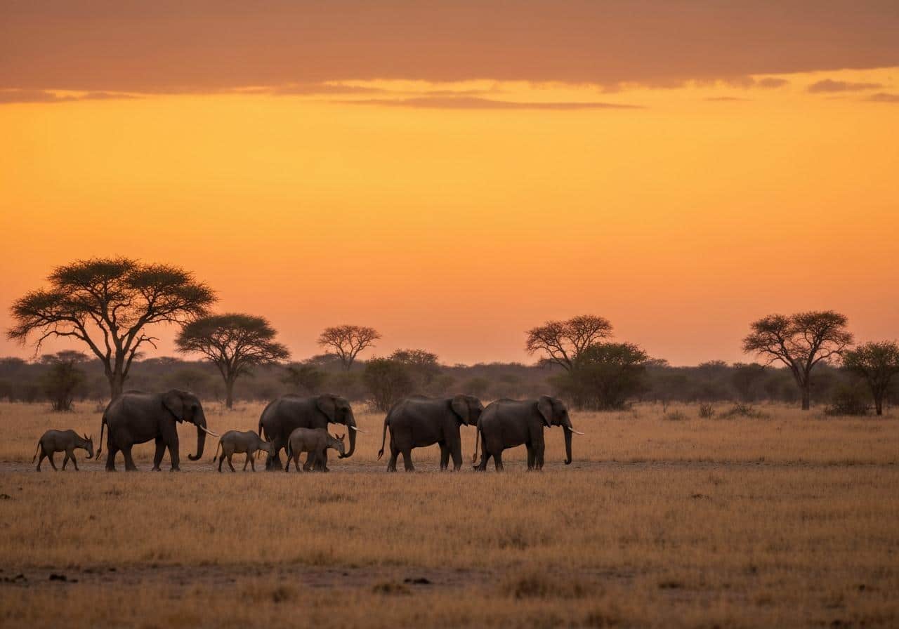Point d'eau du parc Etosha avec éléphants et zèbres au coucher du soleil