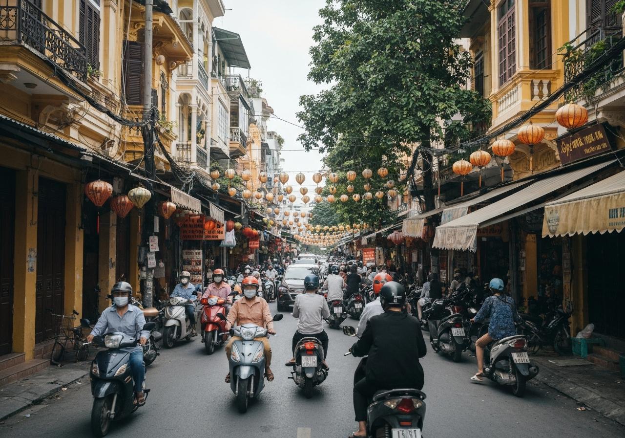 Rue animée de Hanoï avec scooters et tuk-tuks