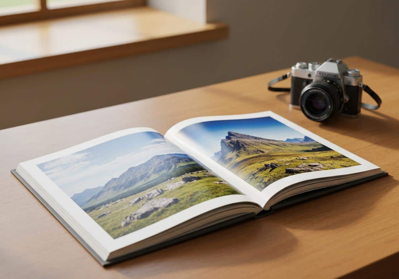 Album photo de voyage ouvert sur table en bois