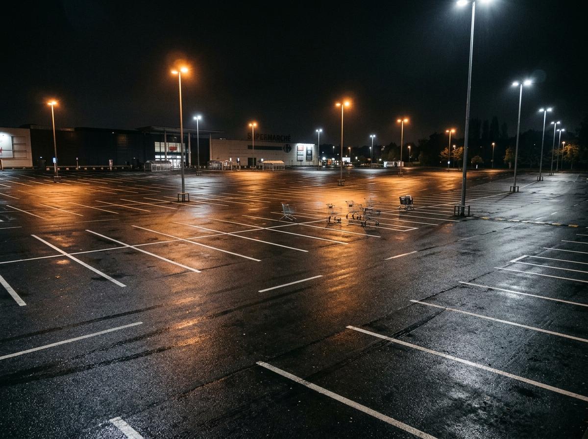 Parking de centre commercial vide la nuit, éclairage artificiel
