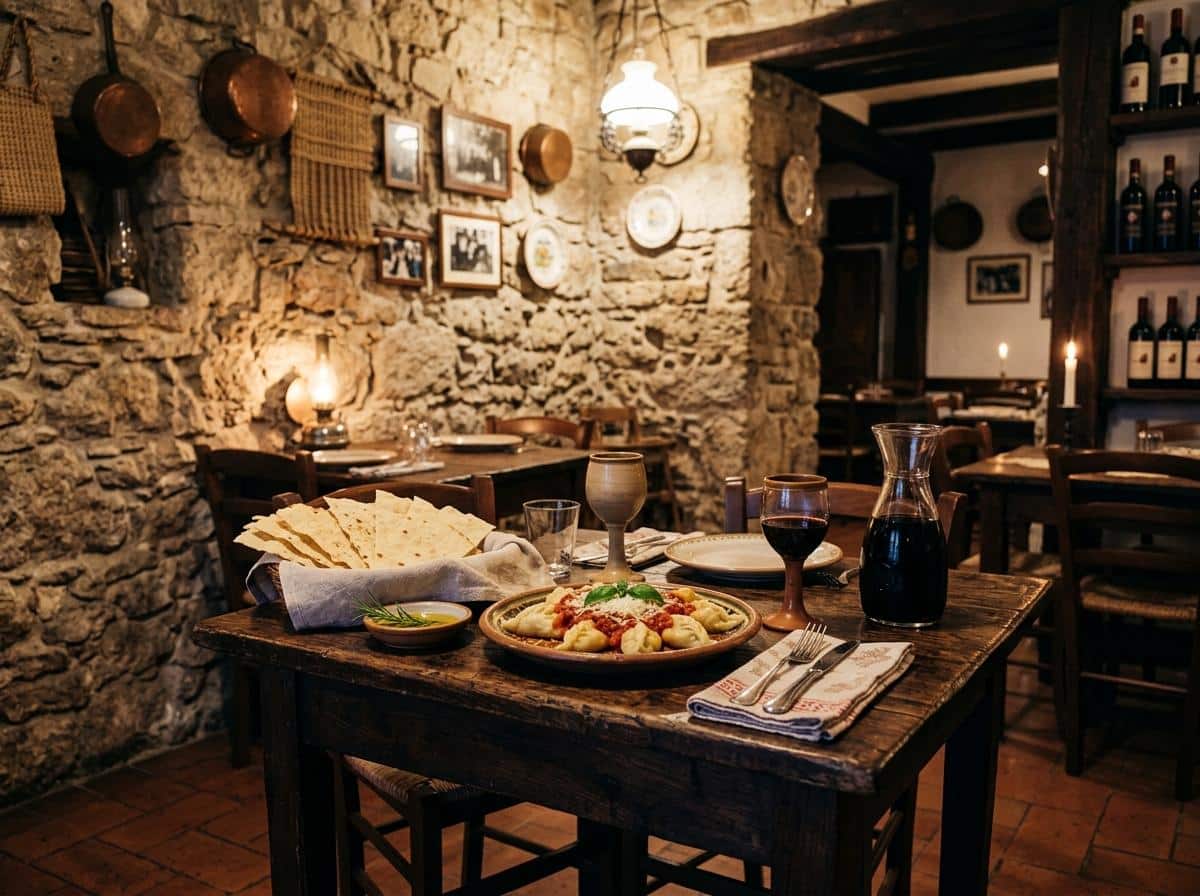 Table dressée dans un restaurant sarde traditionnel en pierre