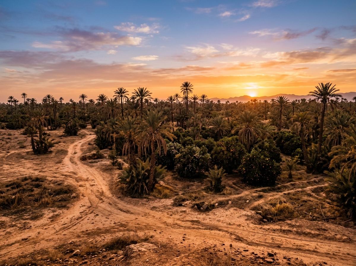 Palmeraie de Marrakech dromadaires coucher de soleil