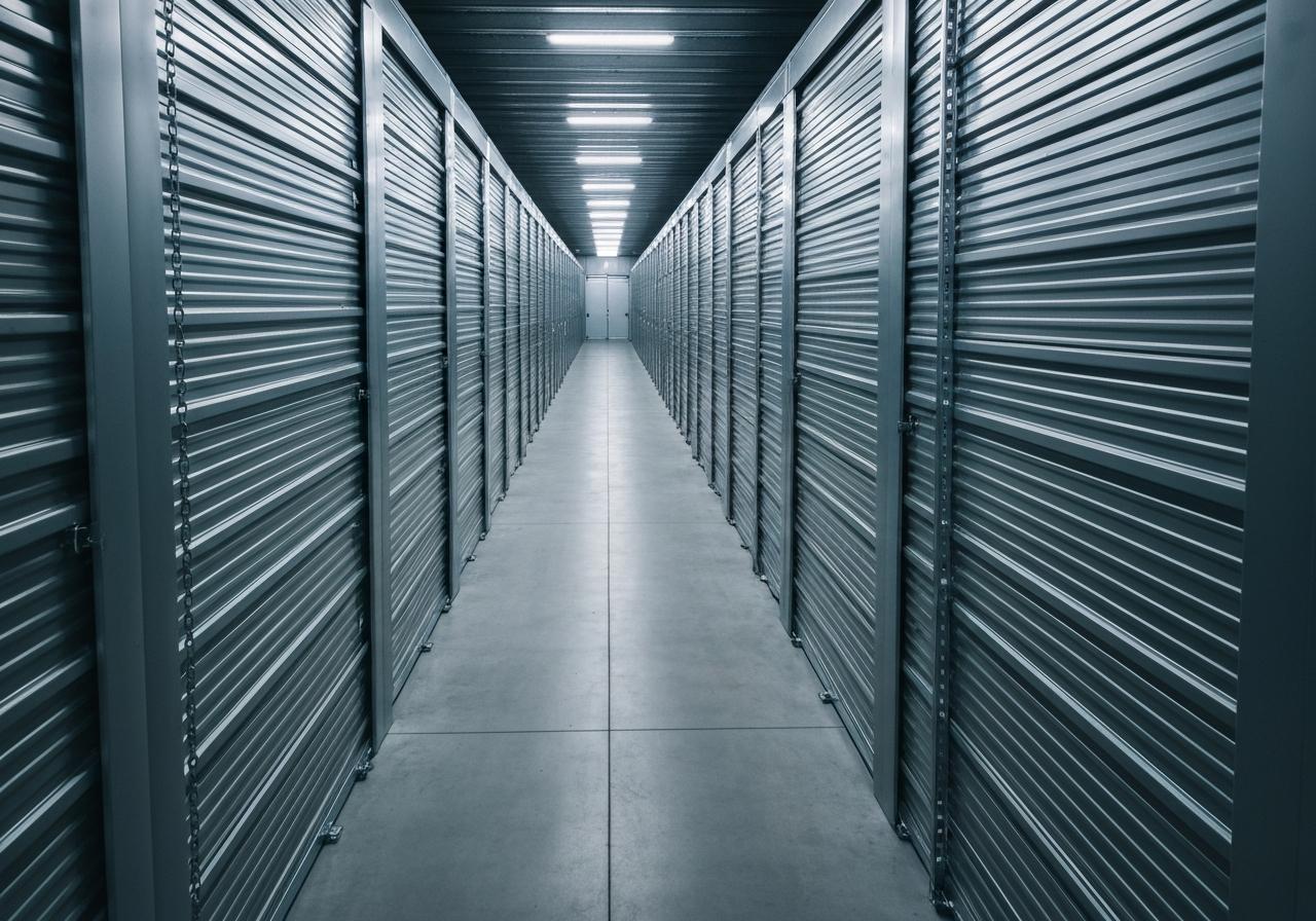 Porte métallique cadenassée d'un box de stockage