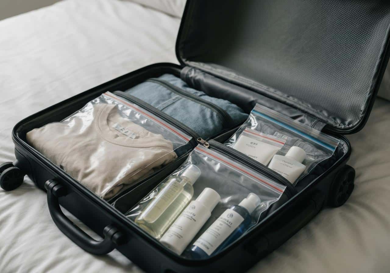 Valise ouverte avec vêtements et sacs zip organisés