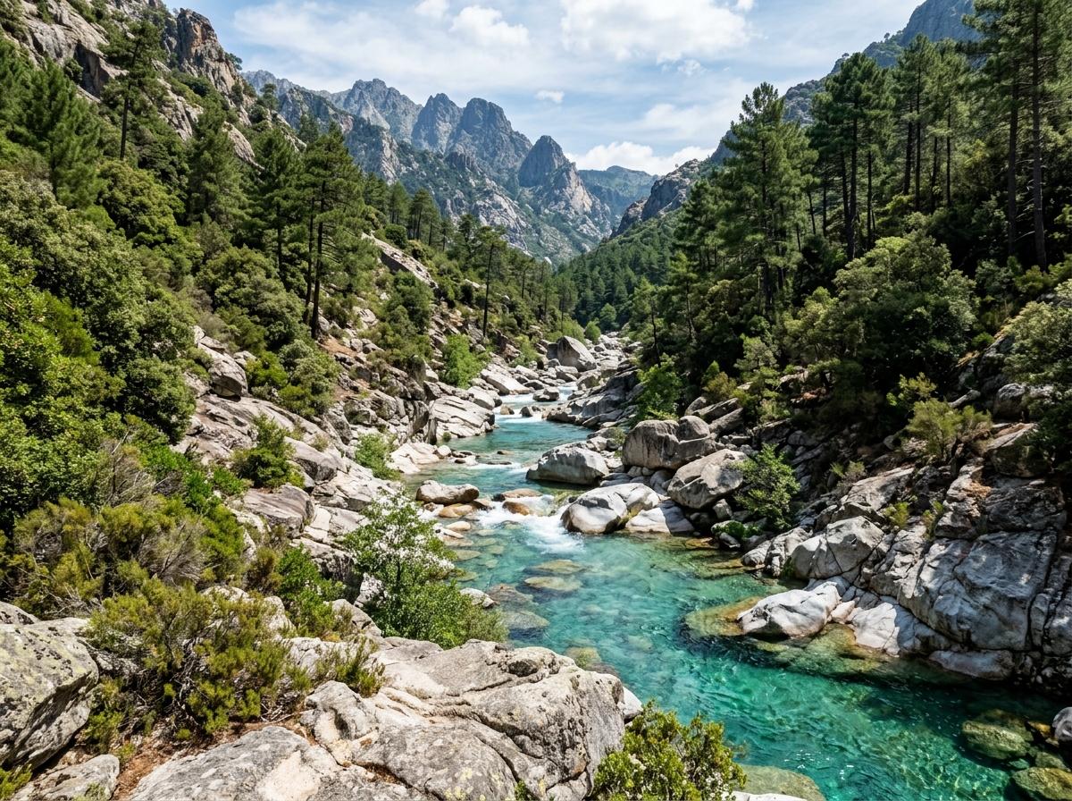 Gorges de la Restonica avec vasques d'eau turquoise et rochers