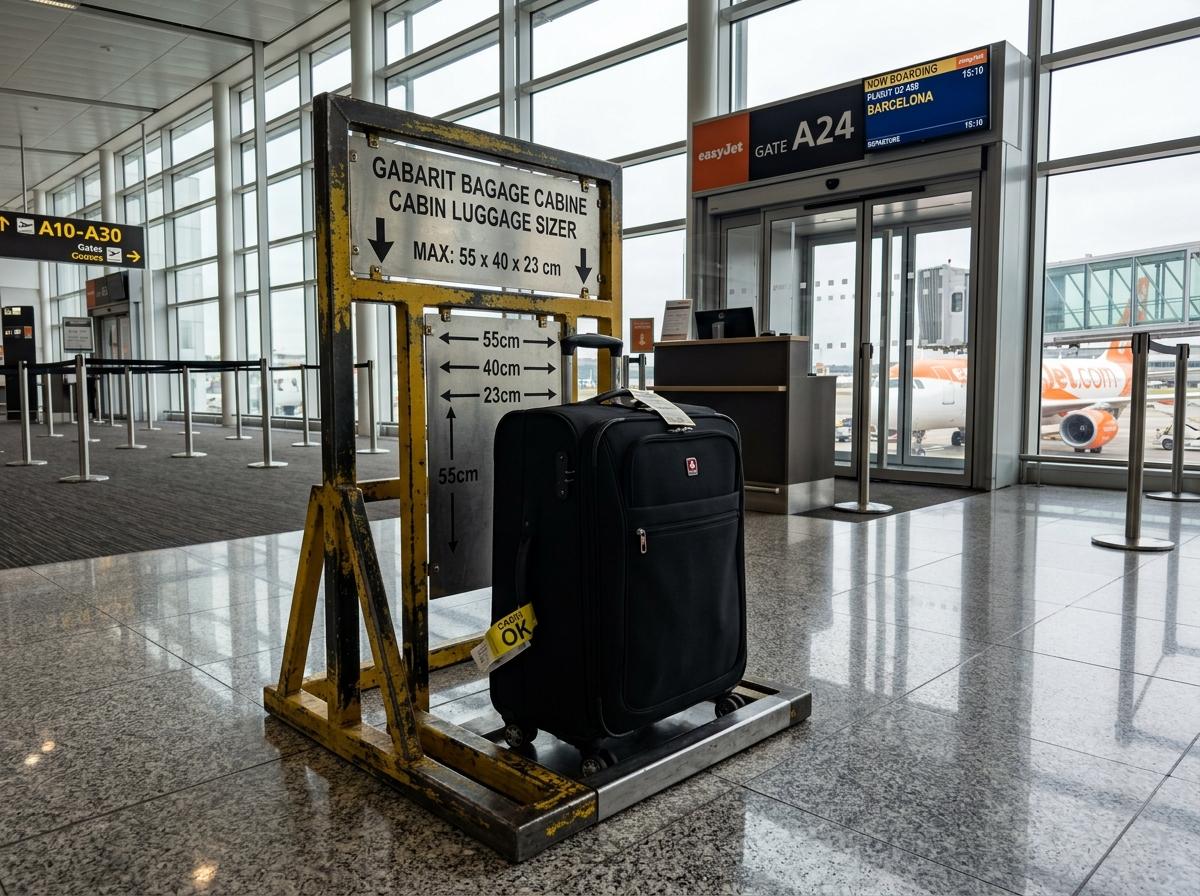 Gabarit métallique de mesure pour bagage cabine à la porte d'embarquement