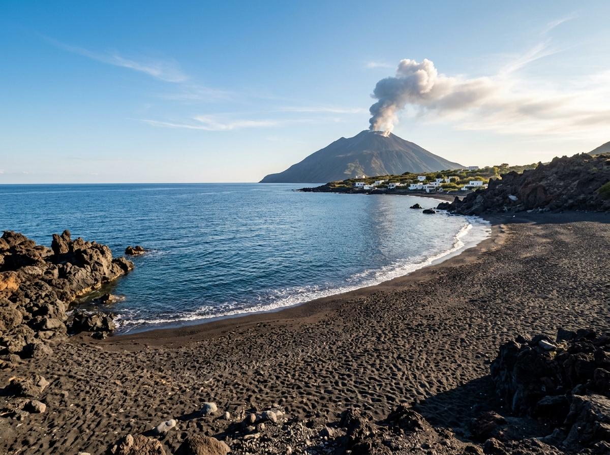 Plage de sable noir au pied d'un volcan