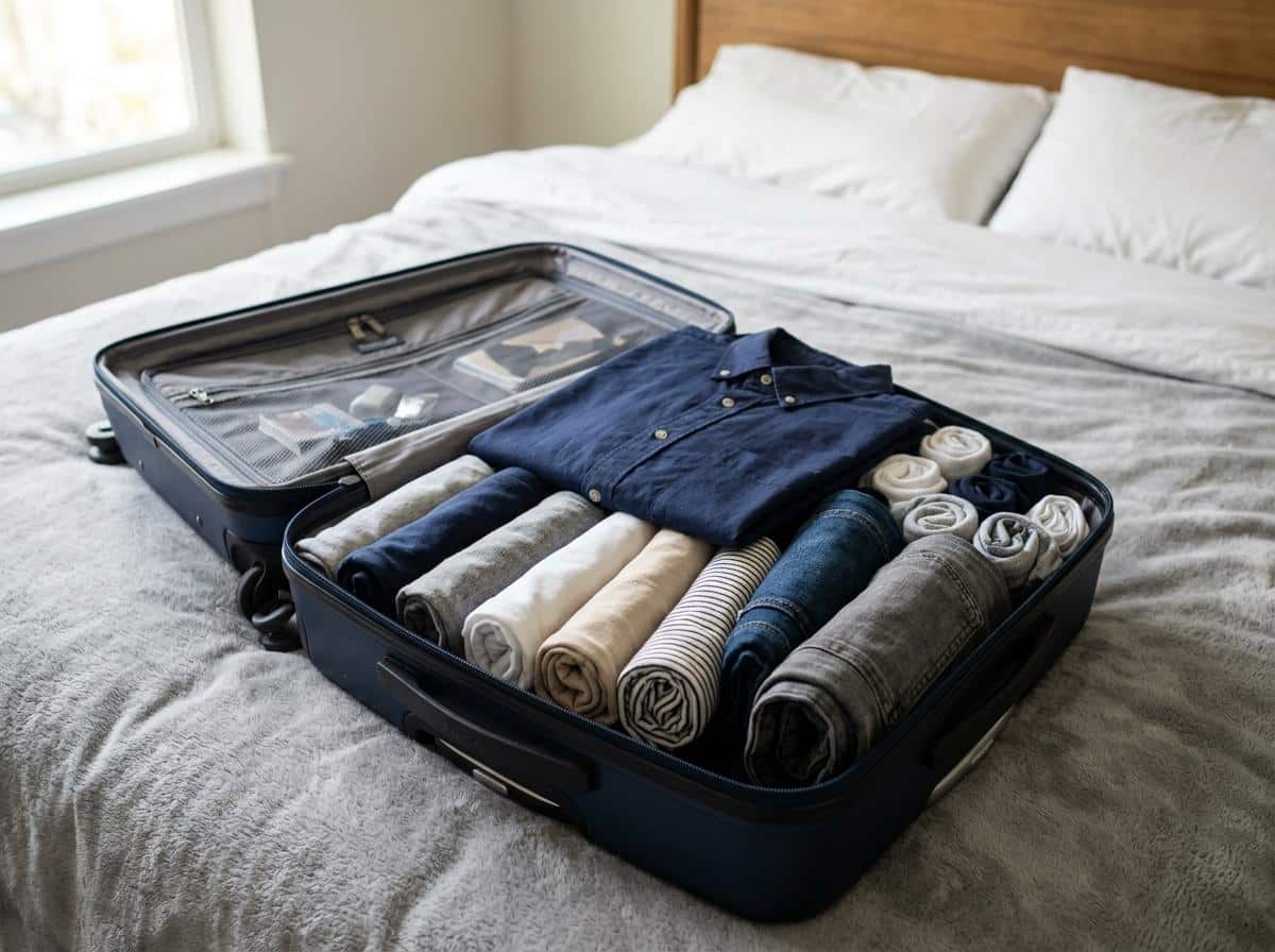 Vêtements roulés rangés dans une valise cabine ouverte
